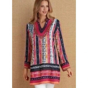 Soft Surroundings Women's Embellished Boho Giada Batik Tunic Top Size S